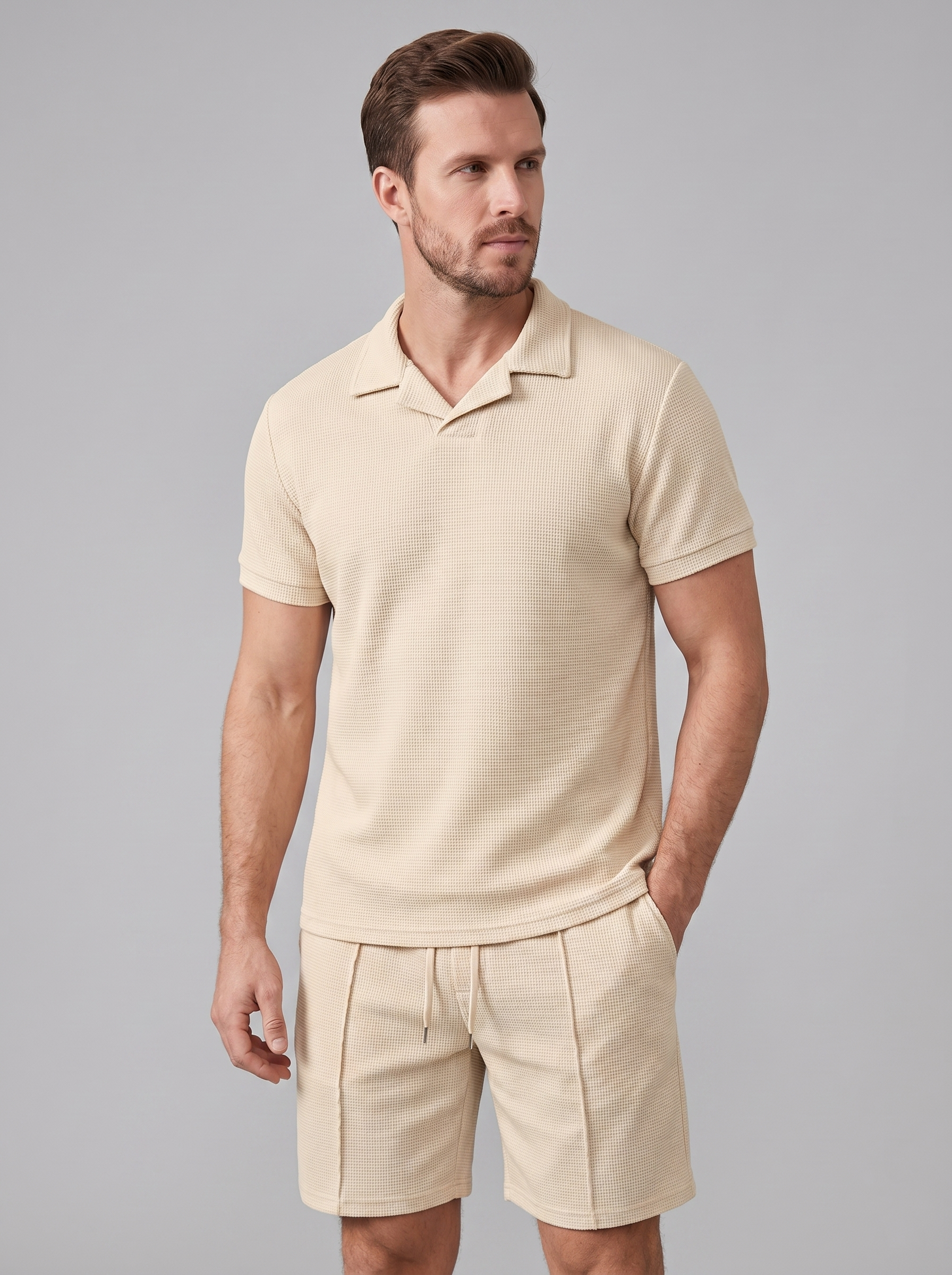 Men's Waffle Knit Polo and Shorts Set