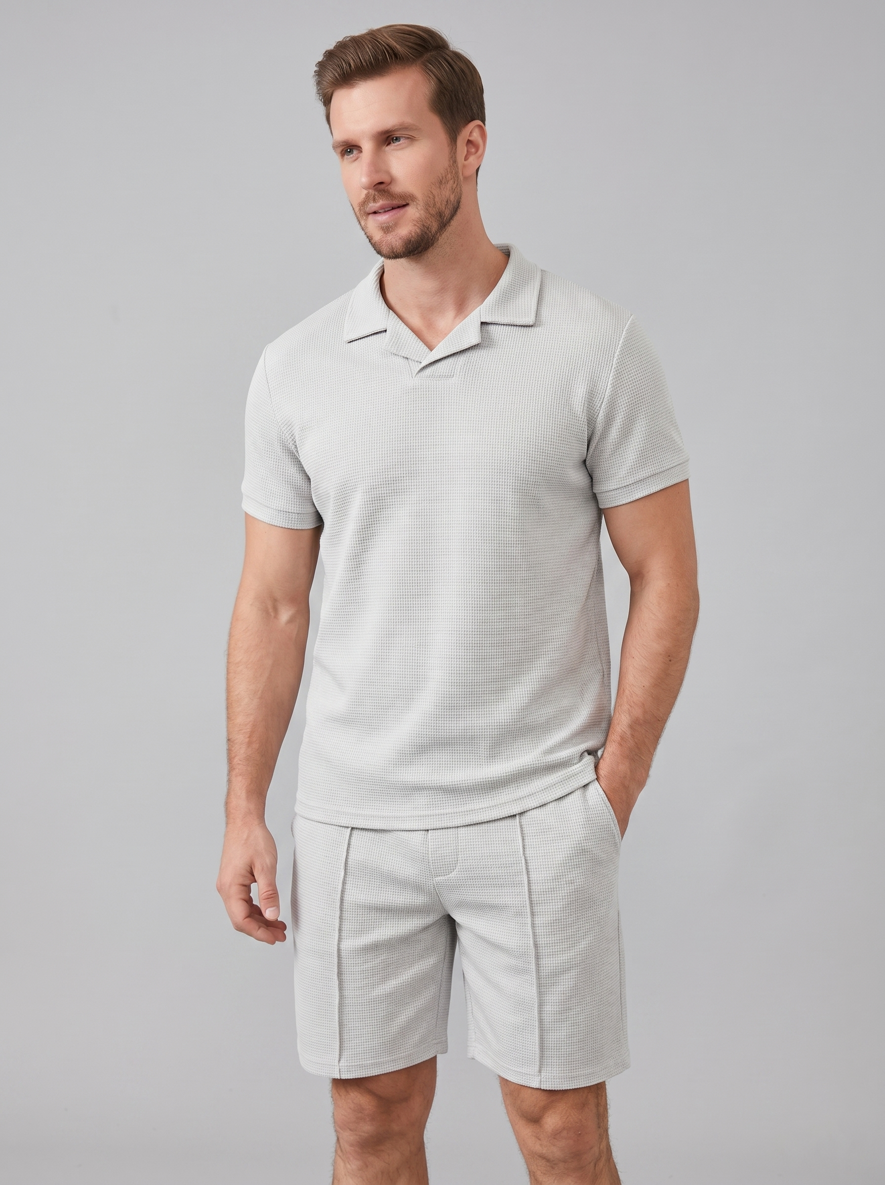 Men's Waffle Knit Polo and Shorts Set
