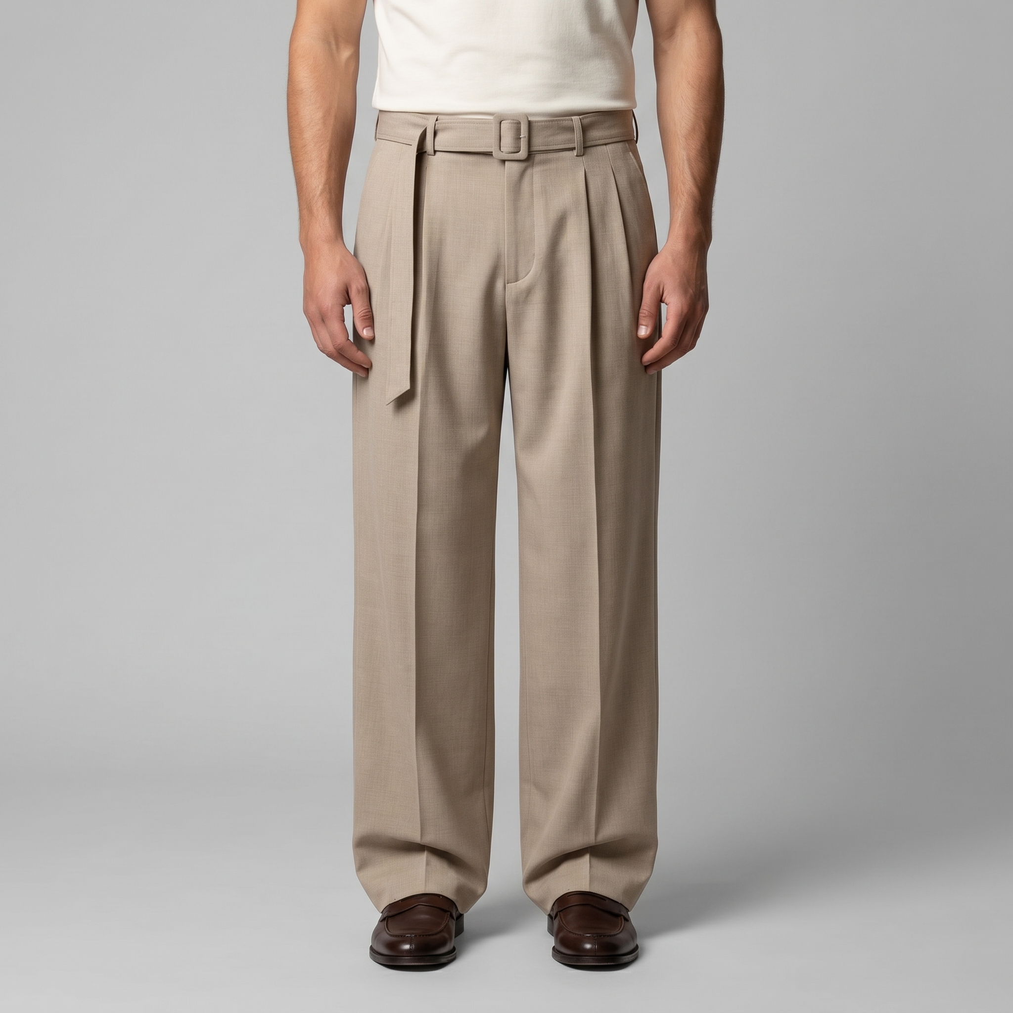 Men's Wide-Leg Belted Tailored Trousers