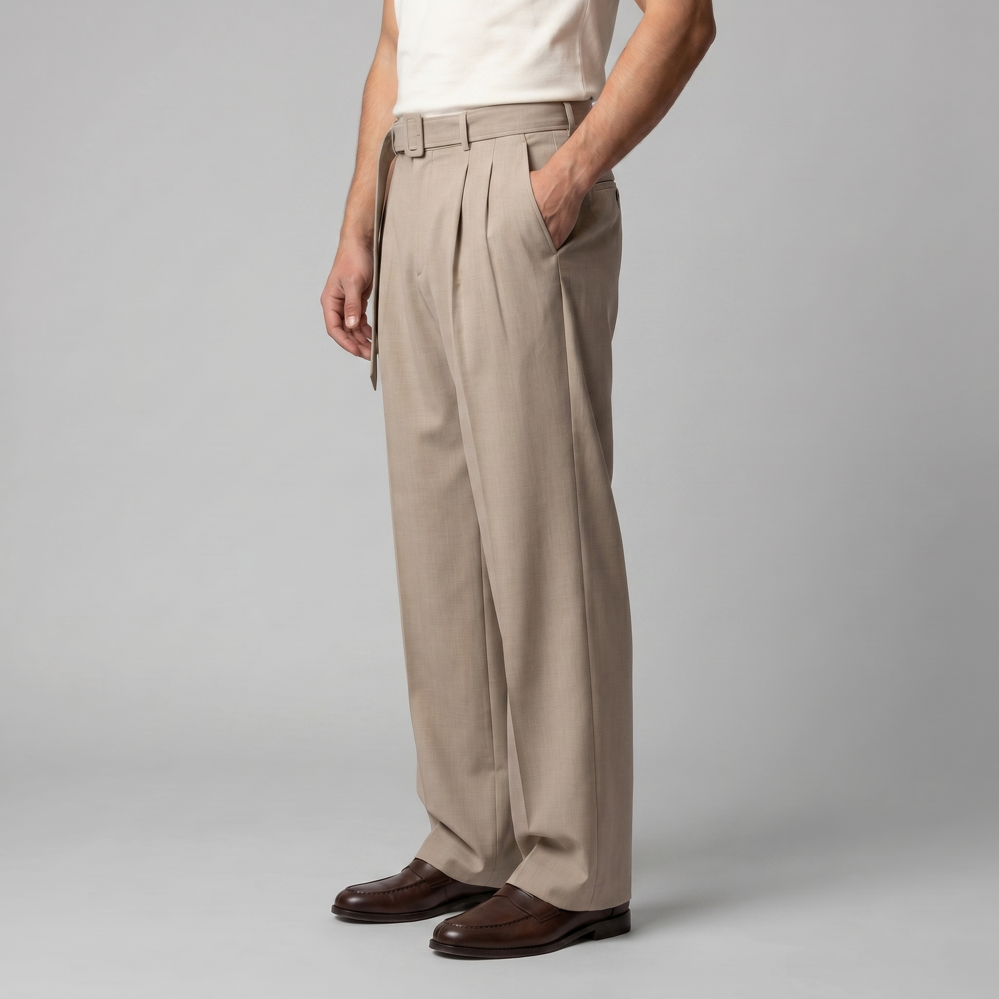 Men's Wide-Leg Belted Tailored Trousers
