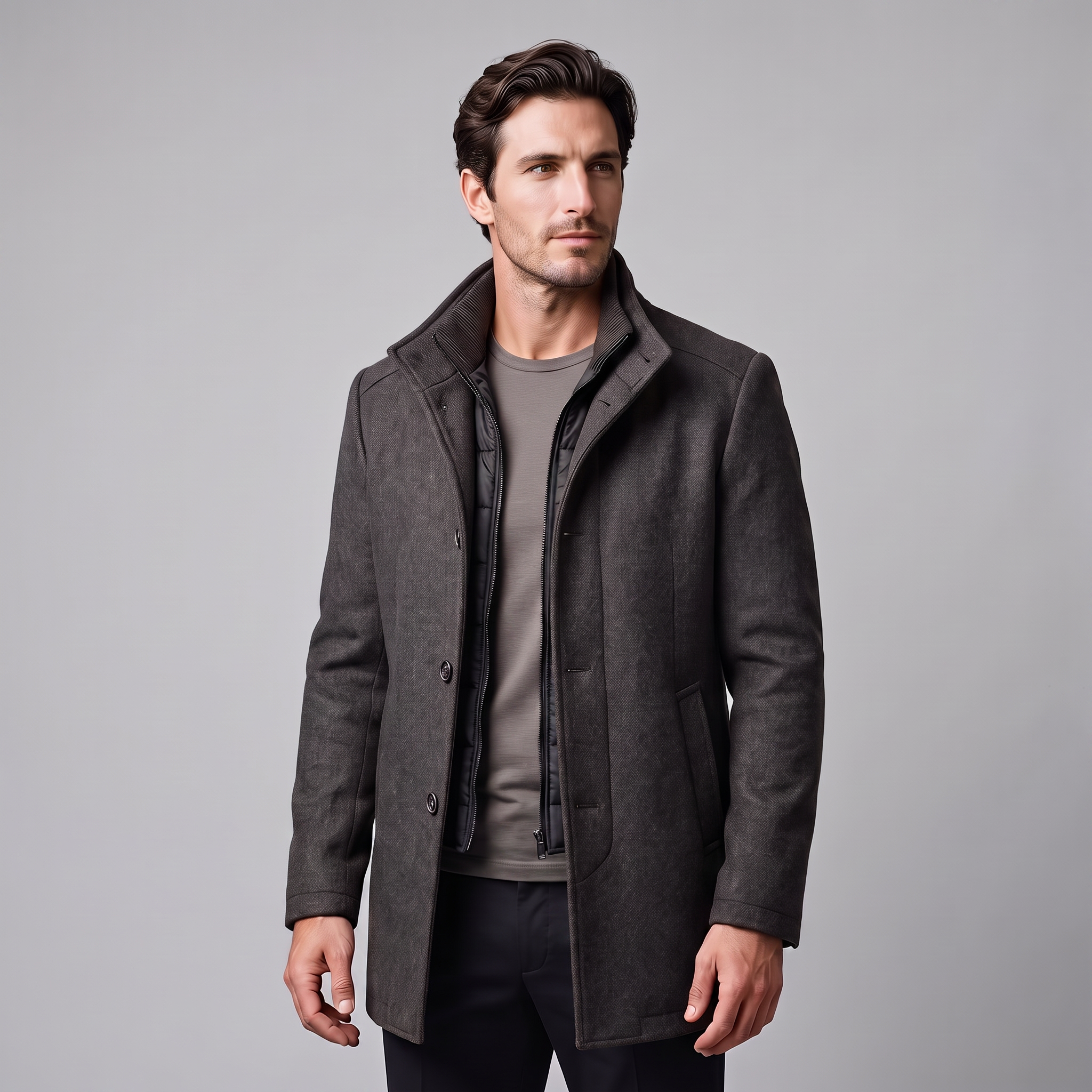 Men's Wool-Look Stand Collar Overcoat