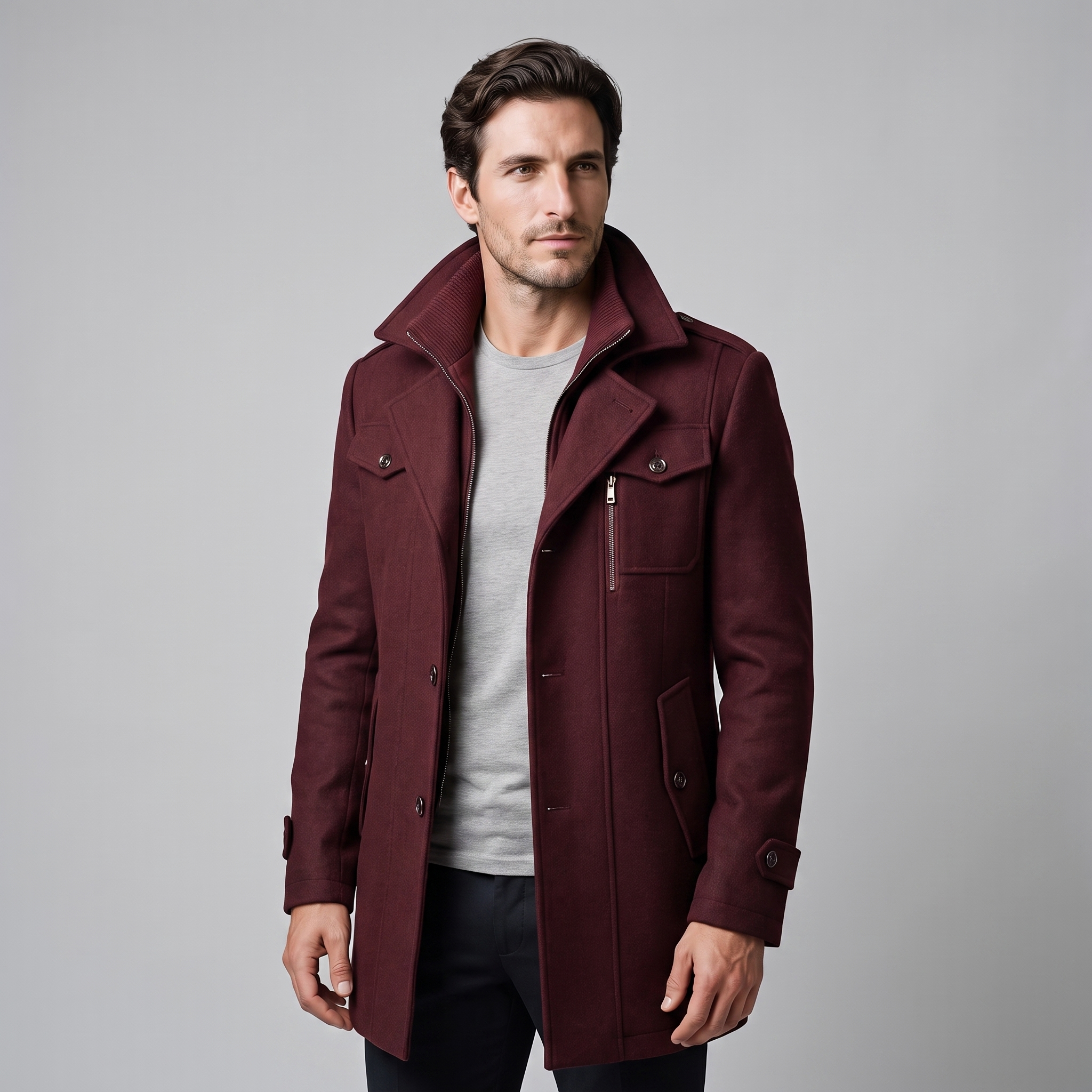 Men's Wool Stand-Collar Overcoat