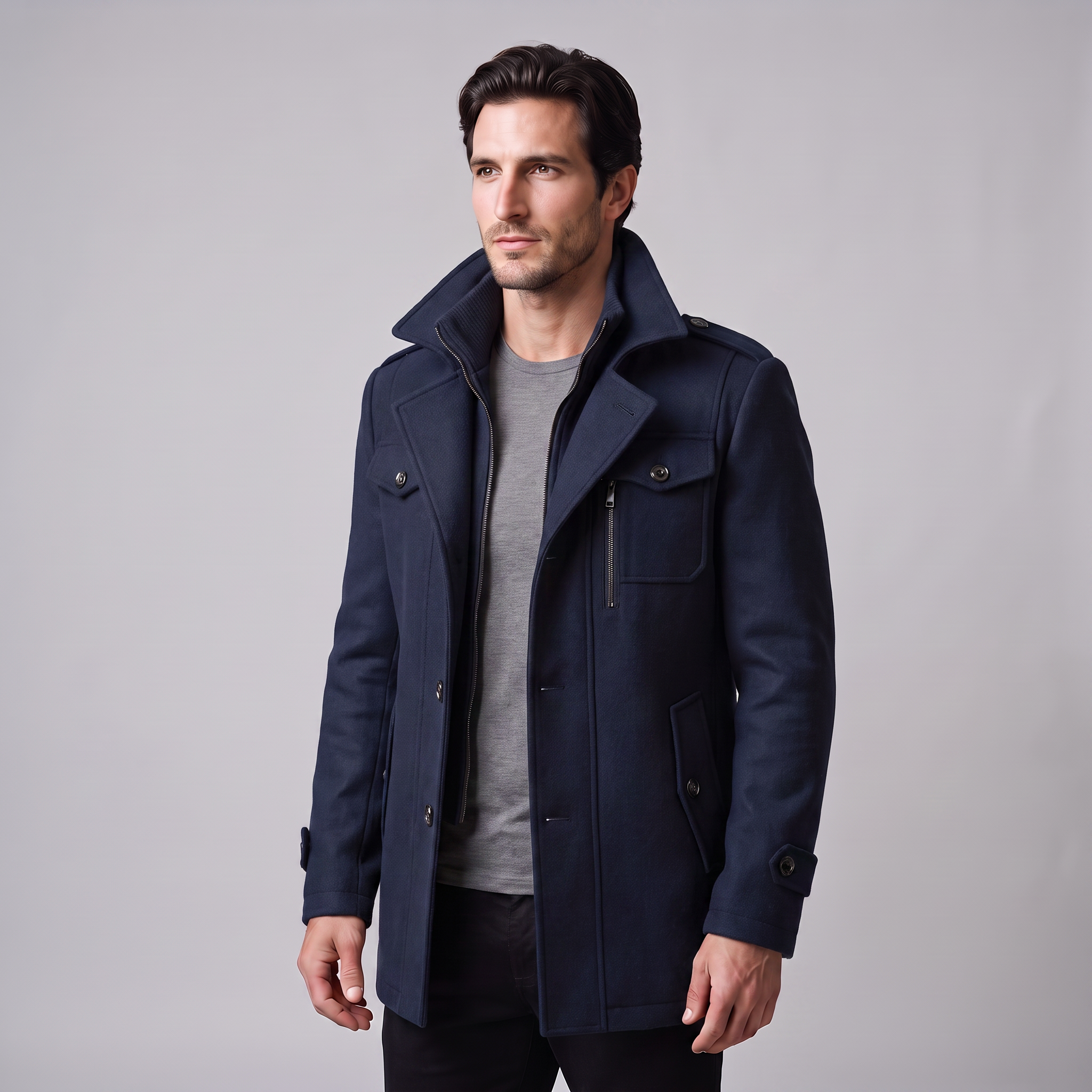 Men's Wool Stand-Collar Overcoat