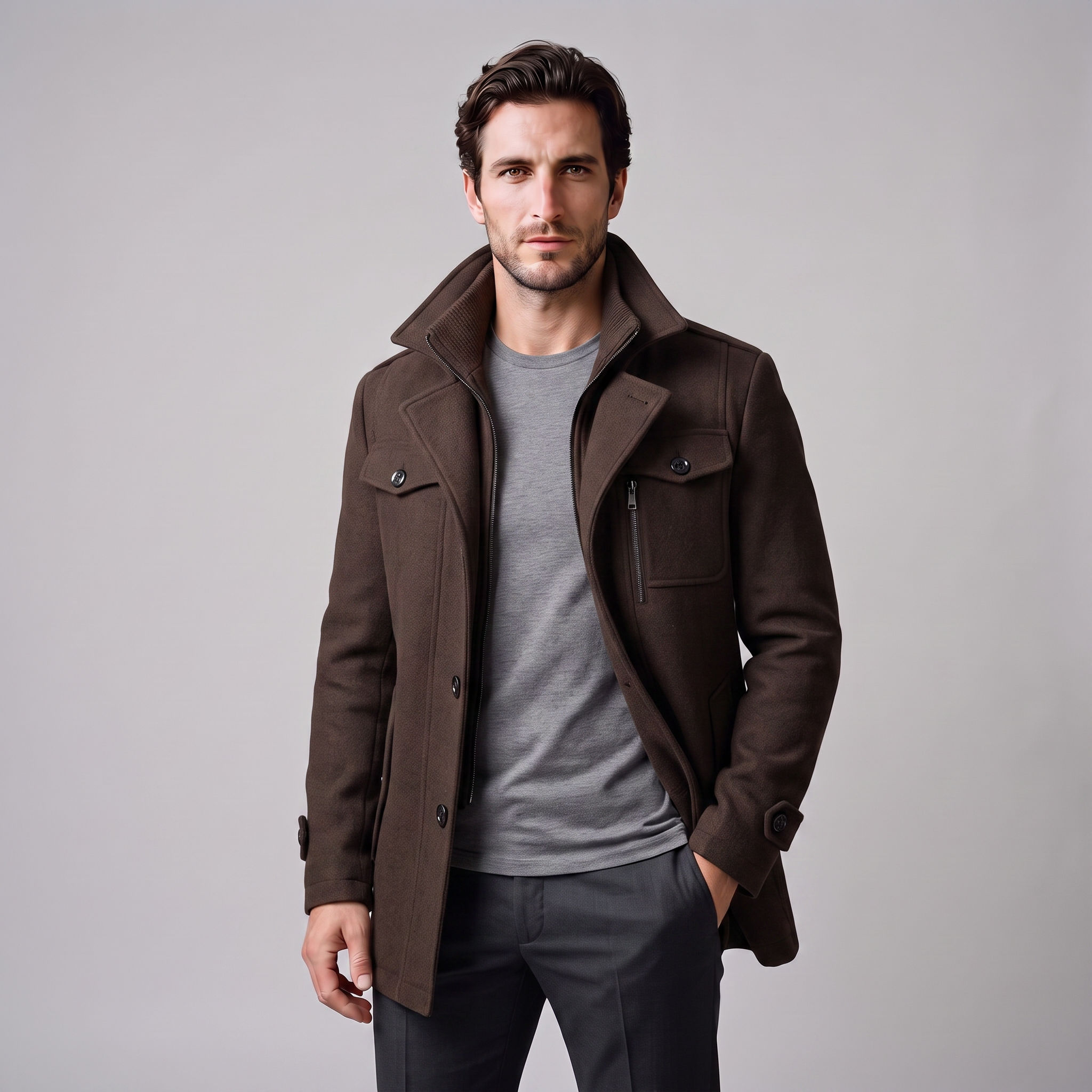 Men's Wool Stand-Collar Overcoat