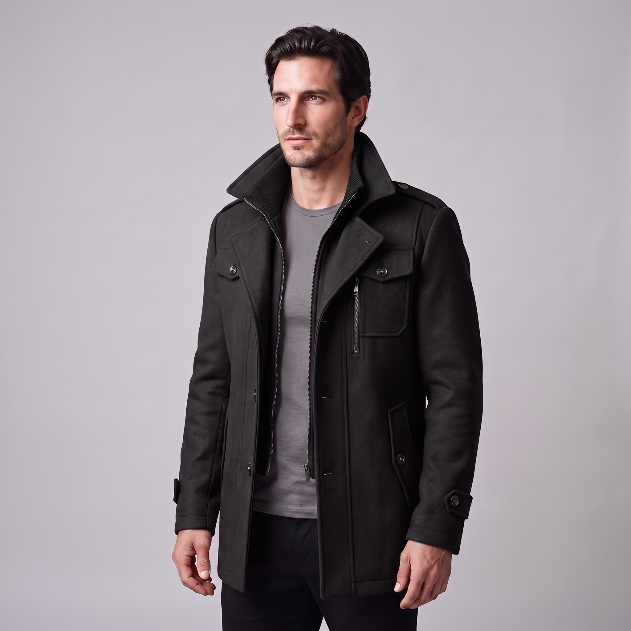 Men's Wool Stand-Collar Overcoat
