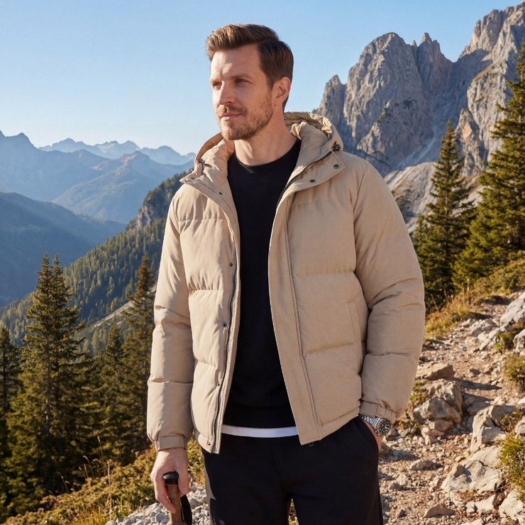 Man in a beige puffer jacket standing on a mountain trail with mountains in the background


