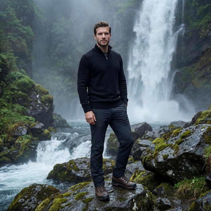 Man standing in front of a waterfall in a forested area